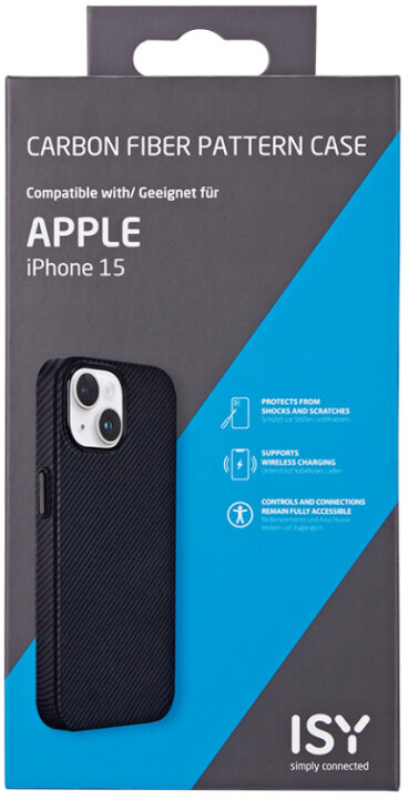 Coque noire pour iPhone 15 avec un motif en fibre de carbone sur la boîte, et la coque sur le téléphone.