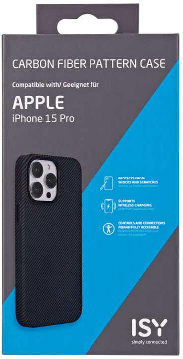 Coque iPhone 15 Pro en boîte, motif fibre de carbone noir.