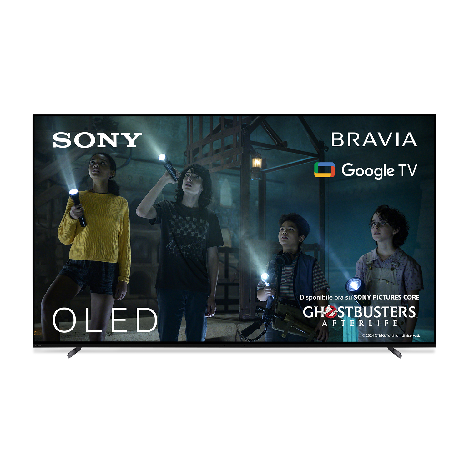 Schermo TV OLED Sony. Quattro persone con torce. Ghostbusters Afterlife sullo schermo. Loghi Sony e Google TV.