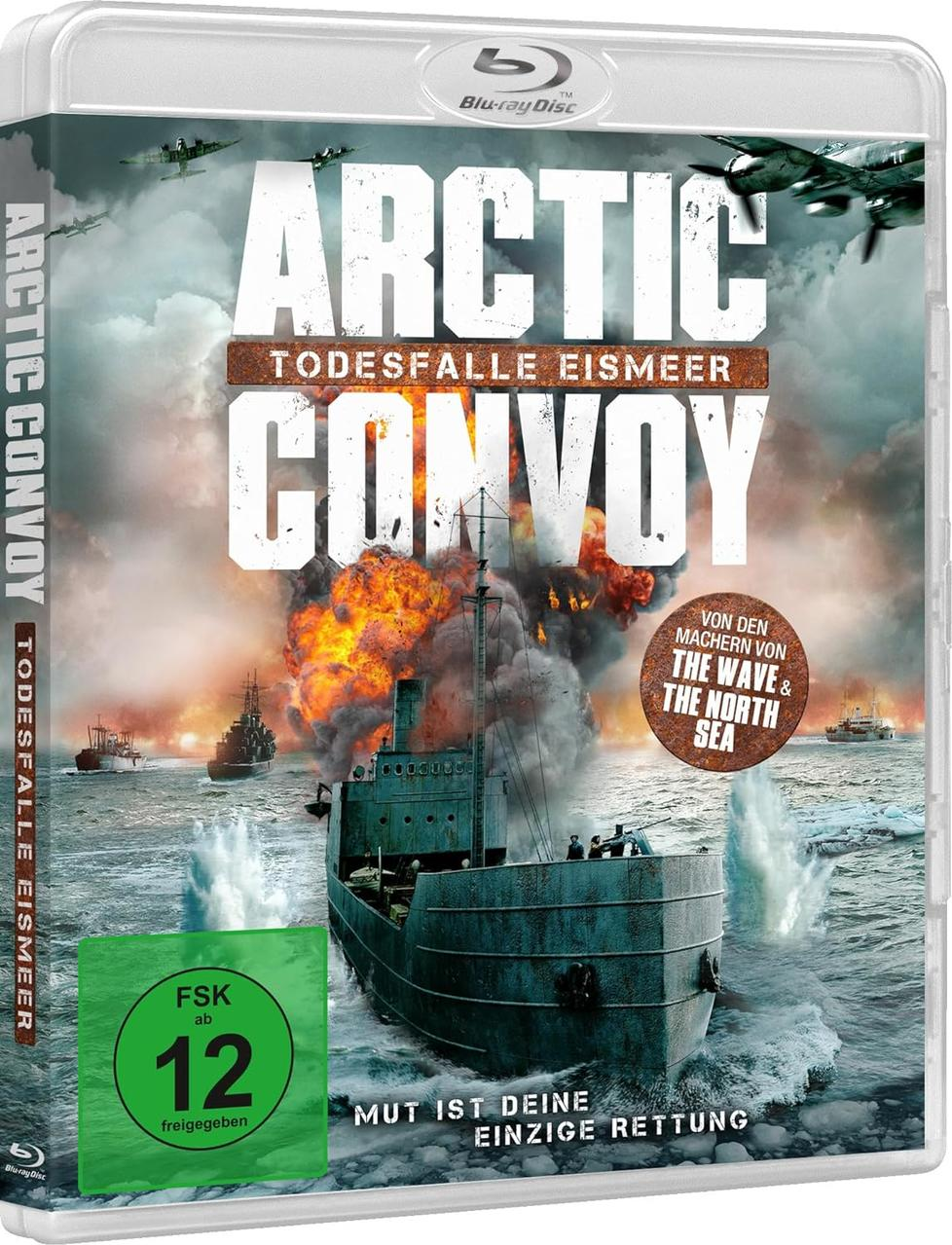 Blu-ray-Disc-Cover für einen Kriegsfilm mit Schiff im feurigen Meer, Text auf Deutsch.