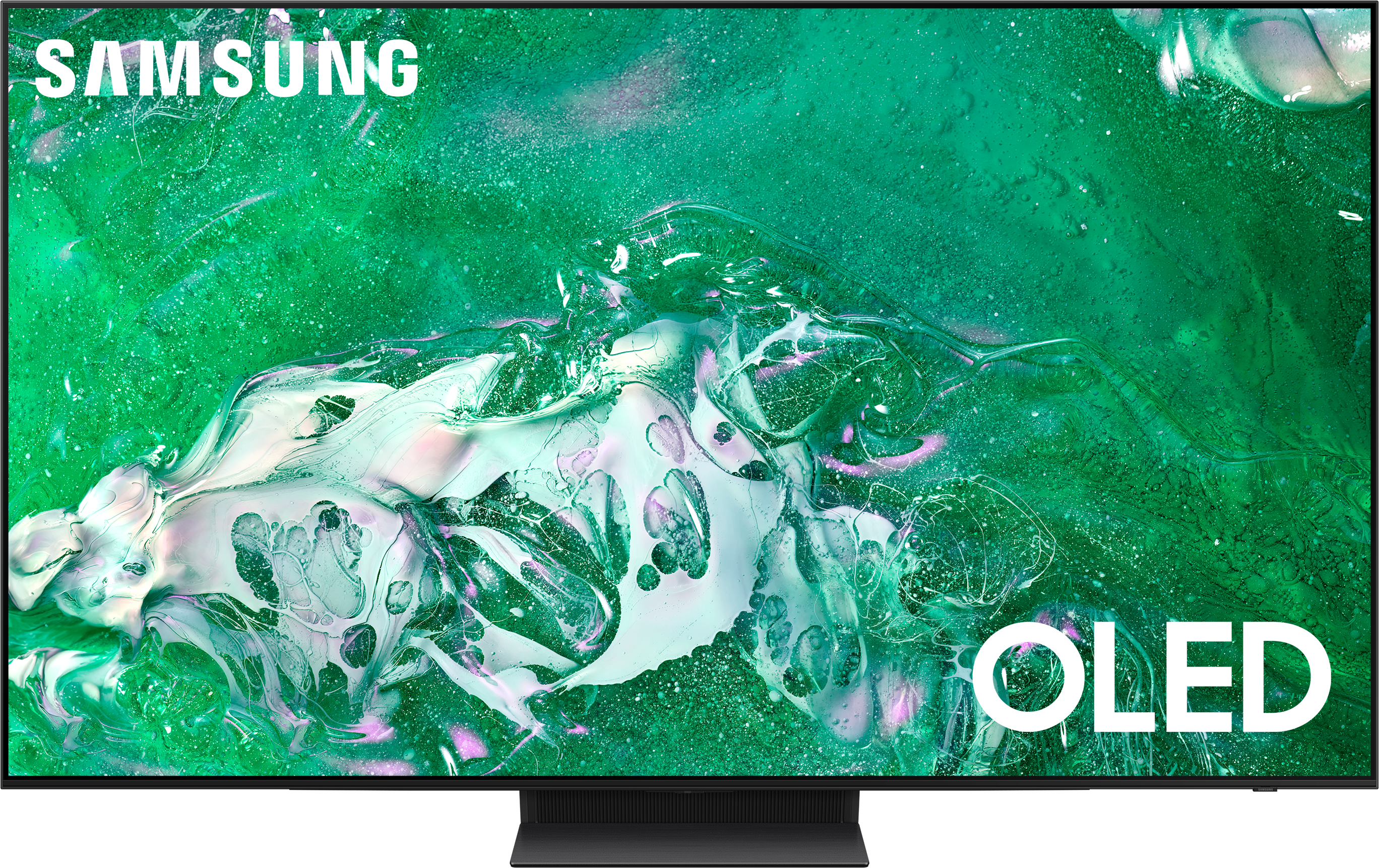 Egy nagy Samsung OLED TV élénk zöld és fehér absztrakt dizájnnal a képernyőn.