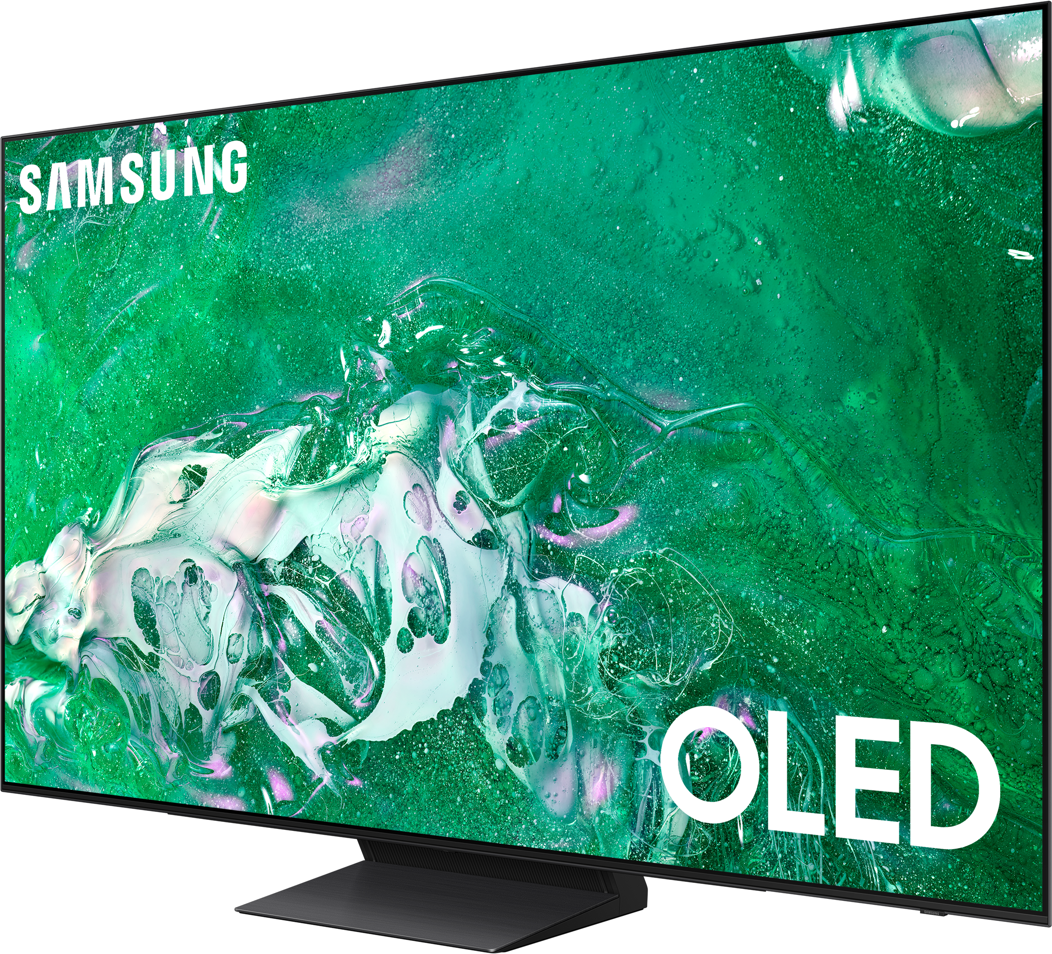 Samsung OLED TV zöld absztrakt képpel, fekete állvánnyal.