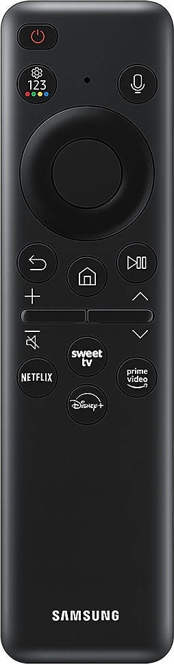 Fekete Samsung távirányító különböző gombokkal, beleértve a Netflix és Disney+ hozzáférést.