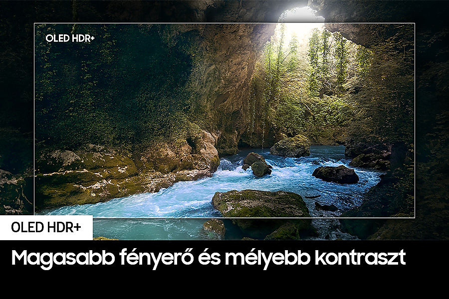 Festői kép egy folyóról a barlangban. Szöveg: OLED HDR+ és felirat magyarul.