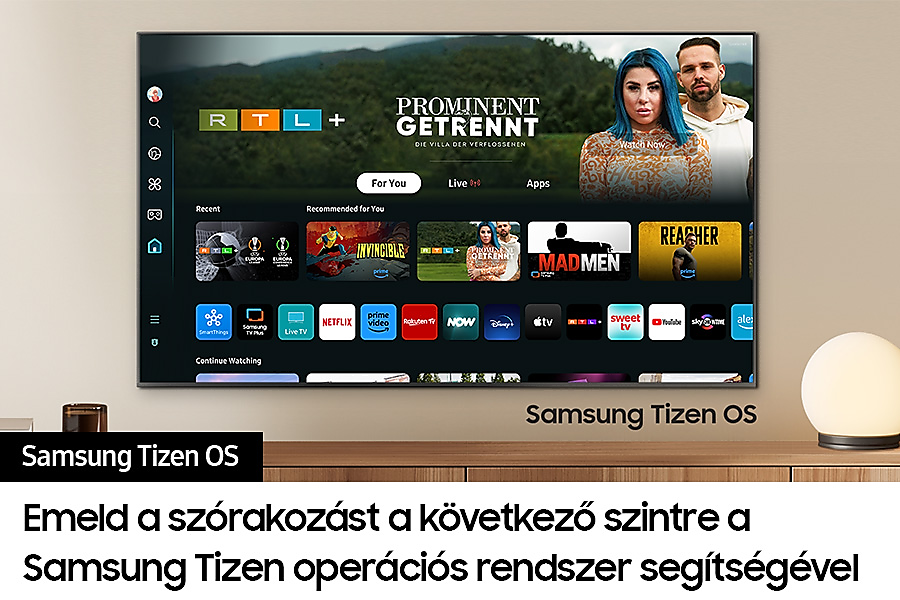 TV képernyő streaming szolgáltatás felülettel, Samsung Tizen OS.