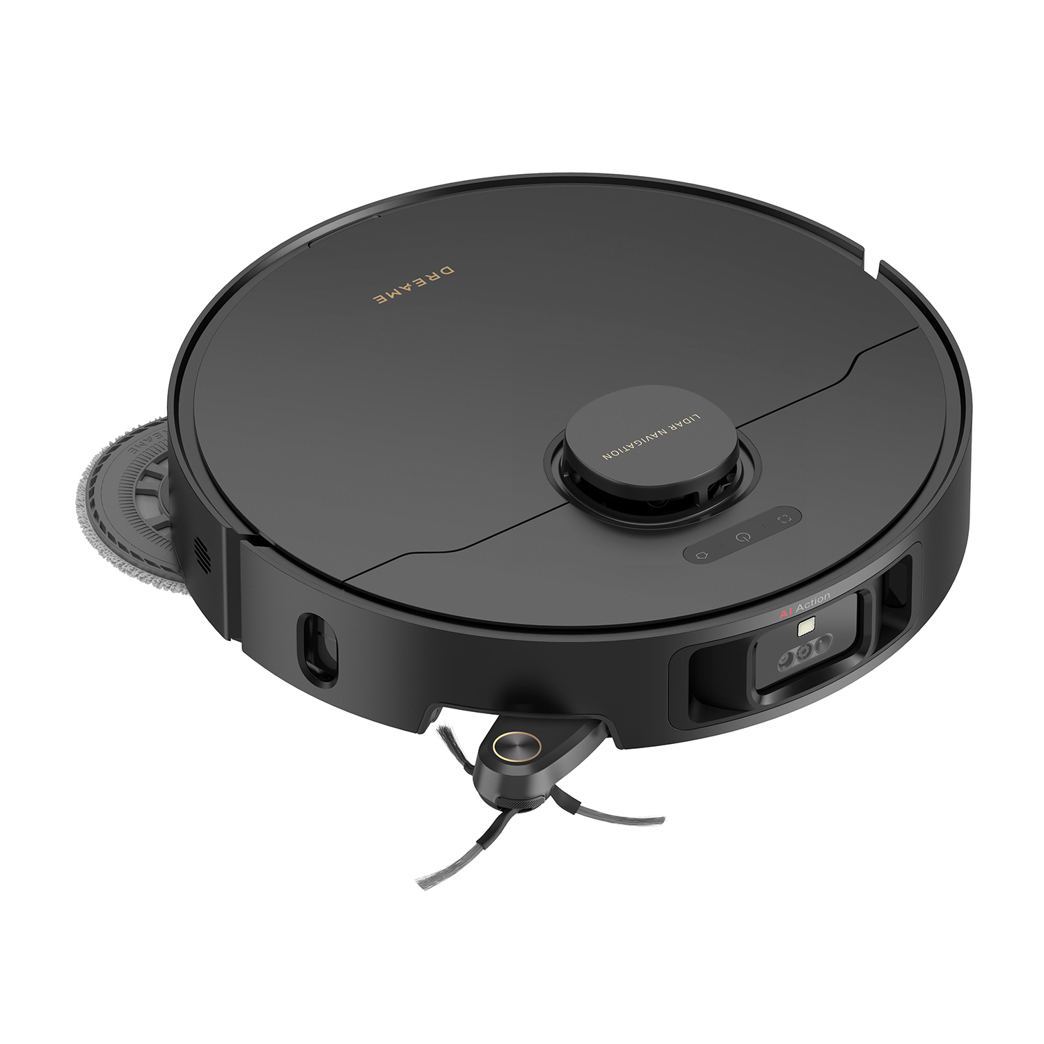 Un aspirapolvere robot rotondo nero. Ha un elemento circolare centrale e una spazzola laterale.