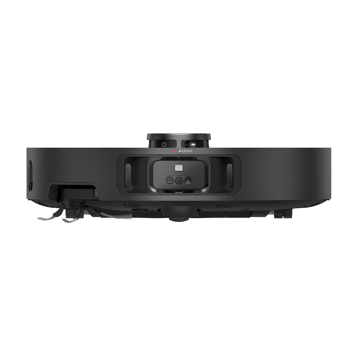 Aspirapolvere robot nero con una fotocamera sopra e un sensore nella parte anteriore.