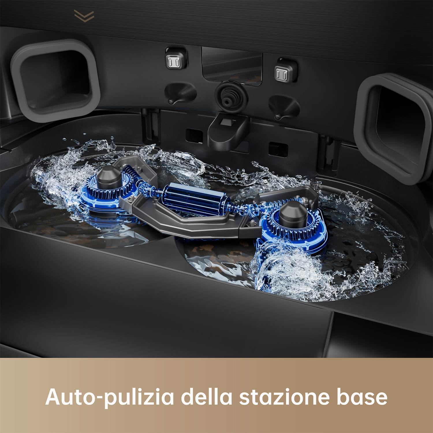 Primo piano della stazione base di pulizia del robot aspirapolvere, con acqua e parti rotanti.