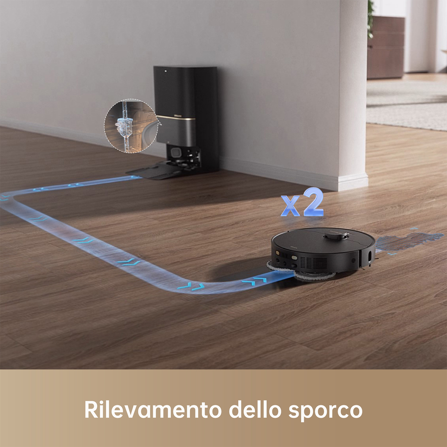 Aspirapolvere robot che pulisce il pavimento in legno. Linee blu mostrano il percorso di pulizia.