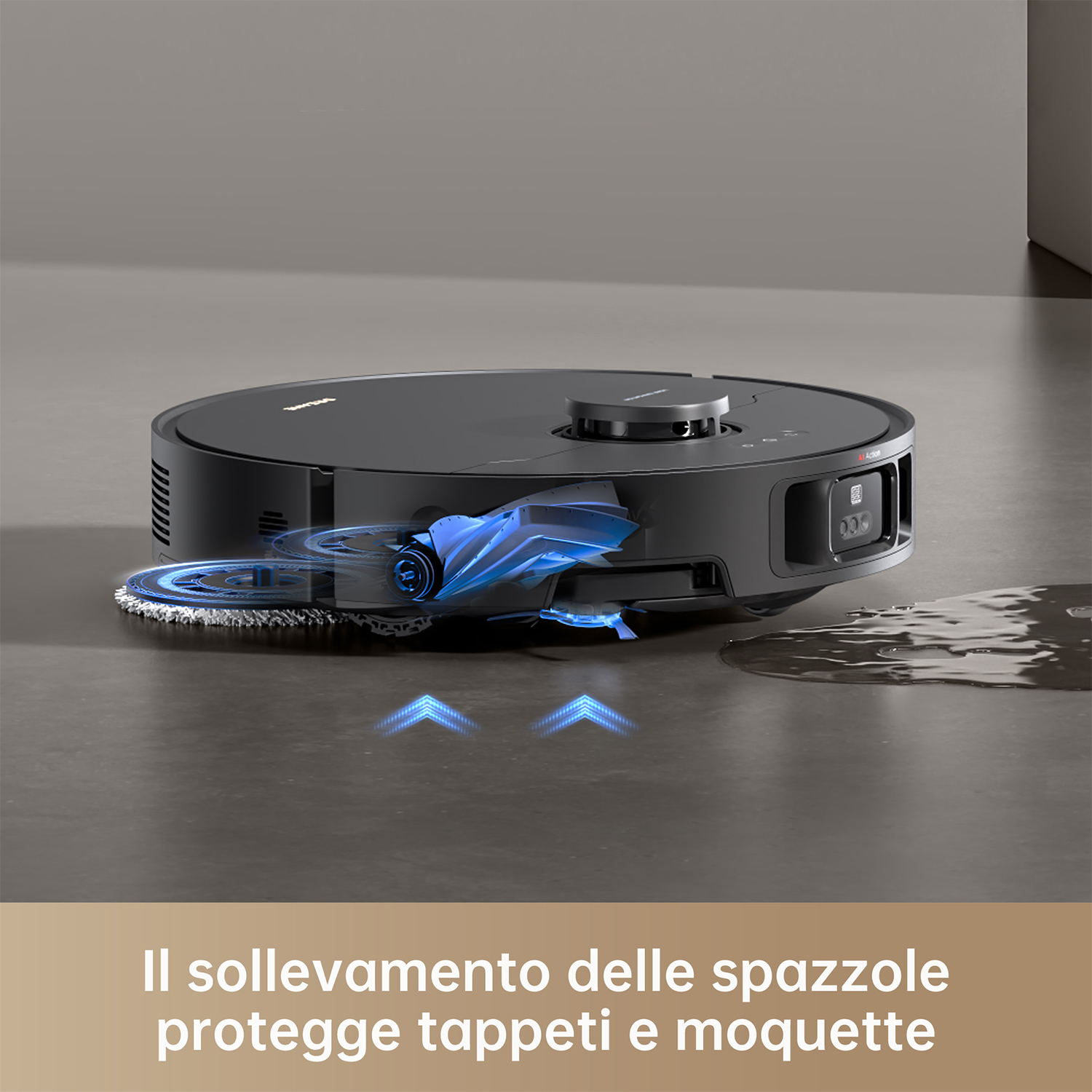 Un aspirapolvere robot nero su un pavimento. Ha luci blu e pulisce il pavimento.