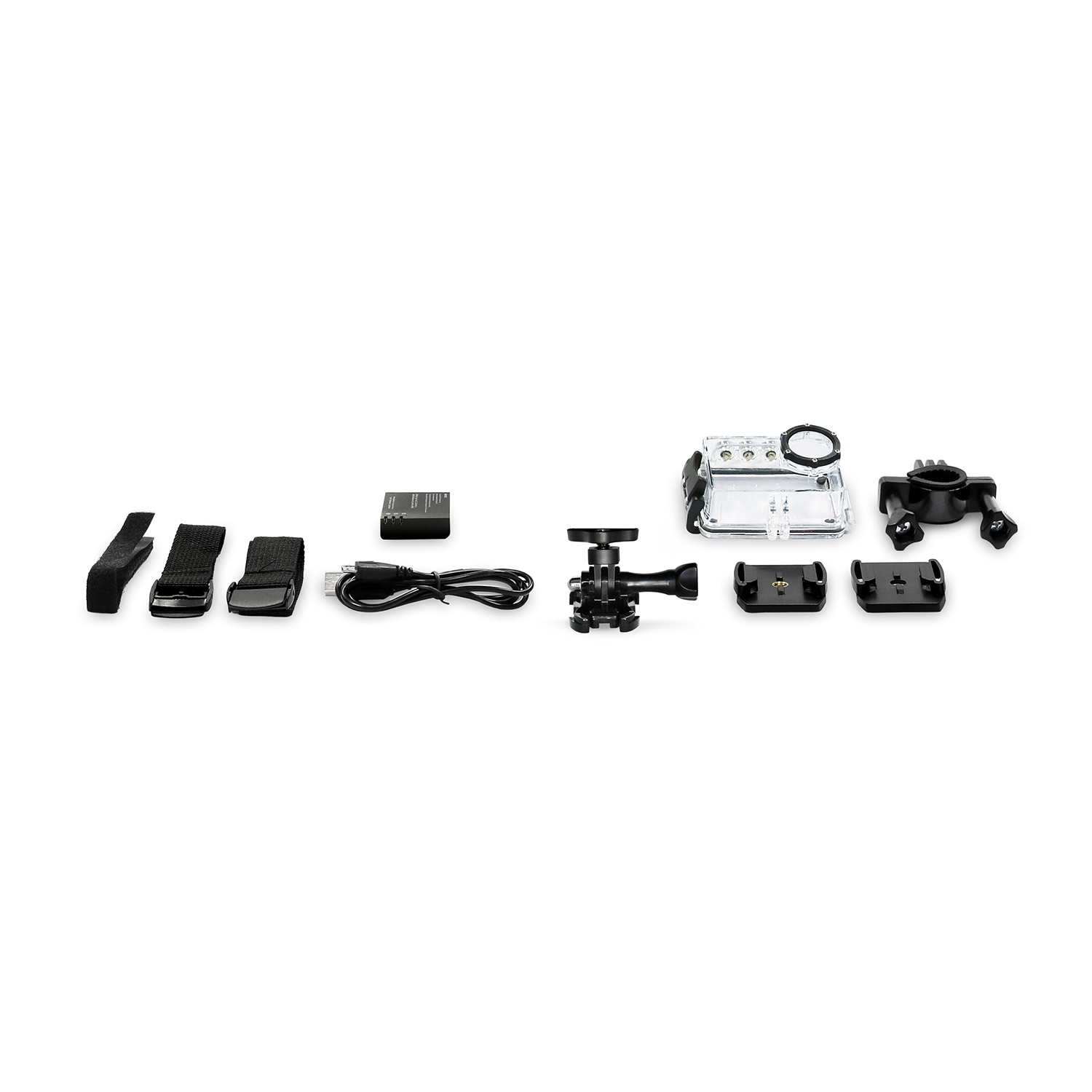 Kit accessori fotocamera: cinghie, batteria, cavo USB, custodia, supporti e altri componenti.
