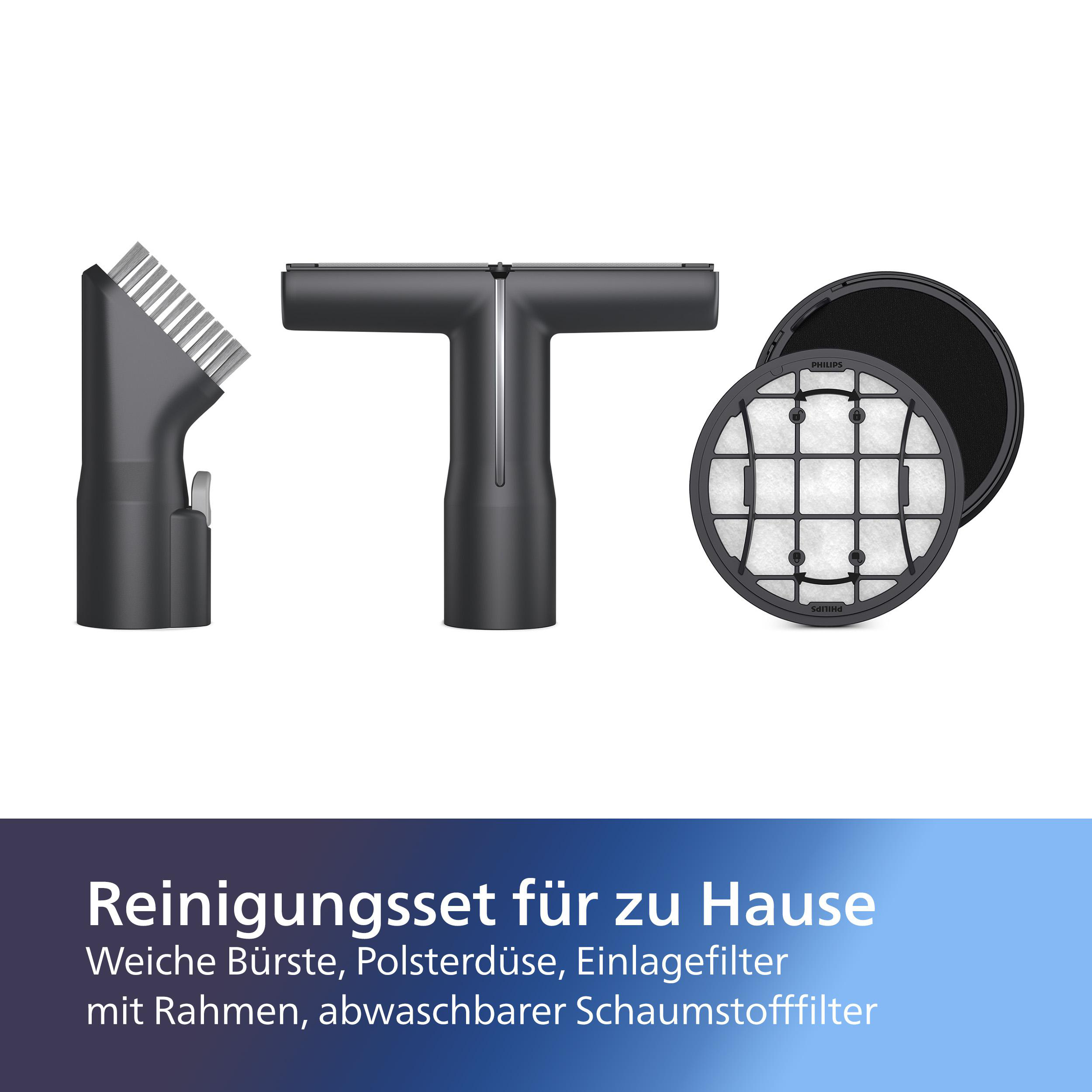 Reinigungsset für den Hausgebrauch mit verschiedenen Aufsätzen und Filtern, schwarz und weiß.