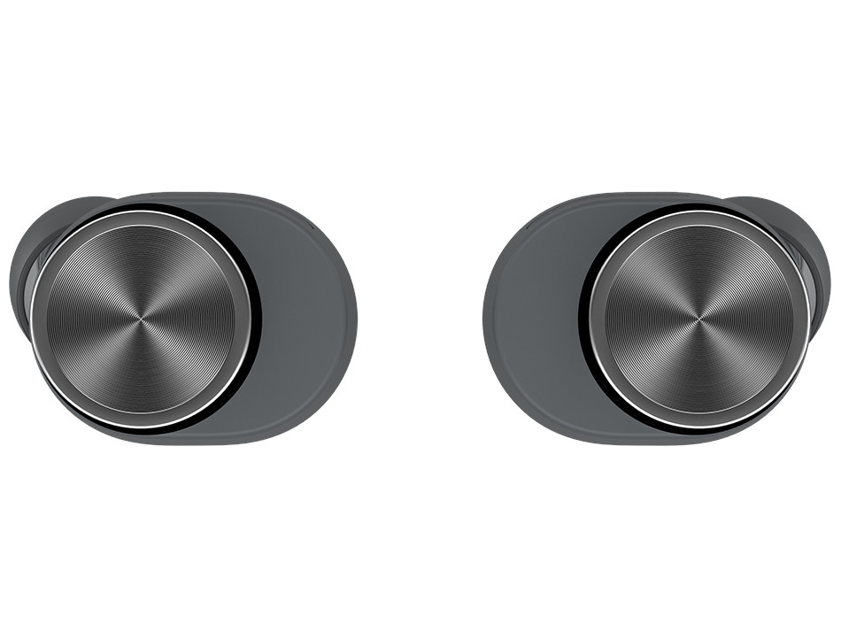 Dwa szare bezprzewodowe słuchawki na białym tle.