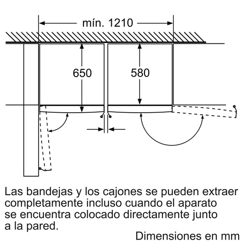 Dibujo técnico que muestra dimensiones. Incluye medidas para armarios y cajones en mm.
