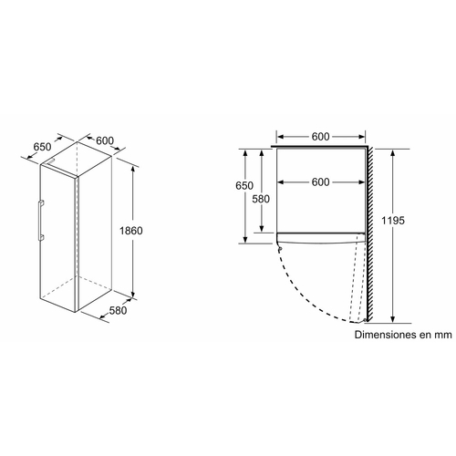 Diagrama de dimensiones del refrigerador con etiquetas en español. Muestra medidas de alto, ancho y profundidad.