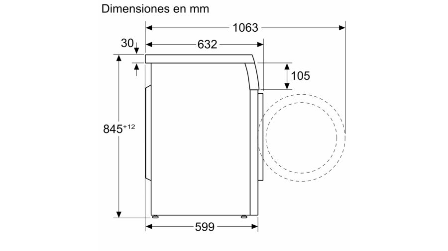 Vista lateral de una lavadora con dimensiones en mm. La máquina es blanca.