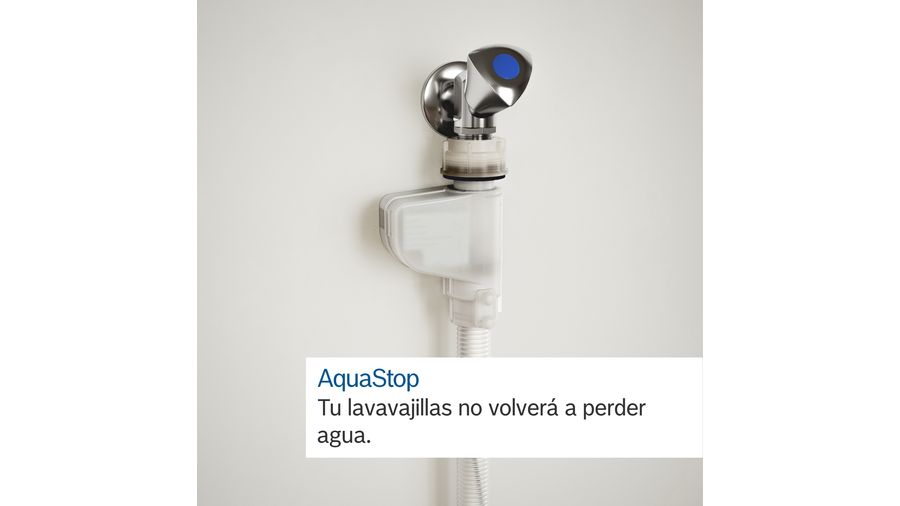 Pared blanca con dispositivo de parada de agua instalado. Texto: AquaStop, tu lavavajillas no volverá a perder agua.