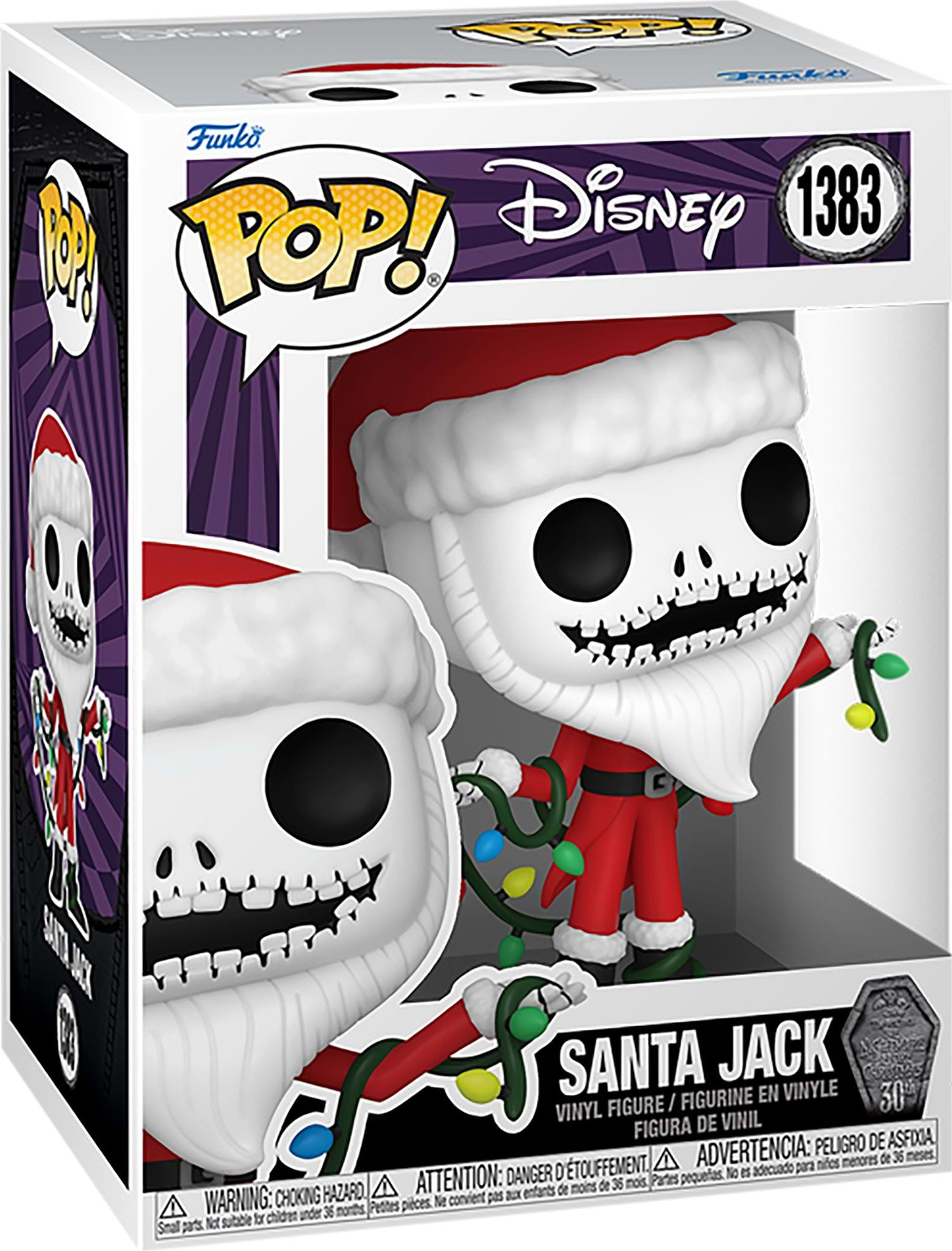 Figurine Santa Jack Funko Pop! Jack Skellington en costume de Père Noël avec une guirlande lumineuse en boîte.