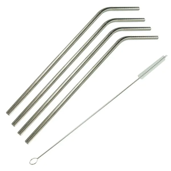 Cuatro pajitas dobladas plateadas y un cepillo de limpieza.