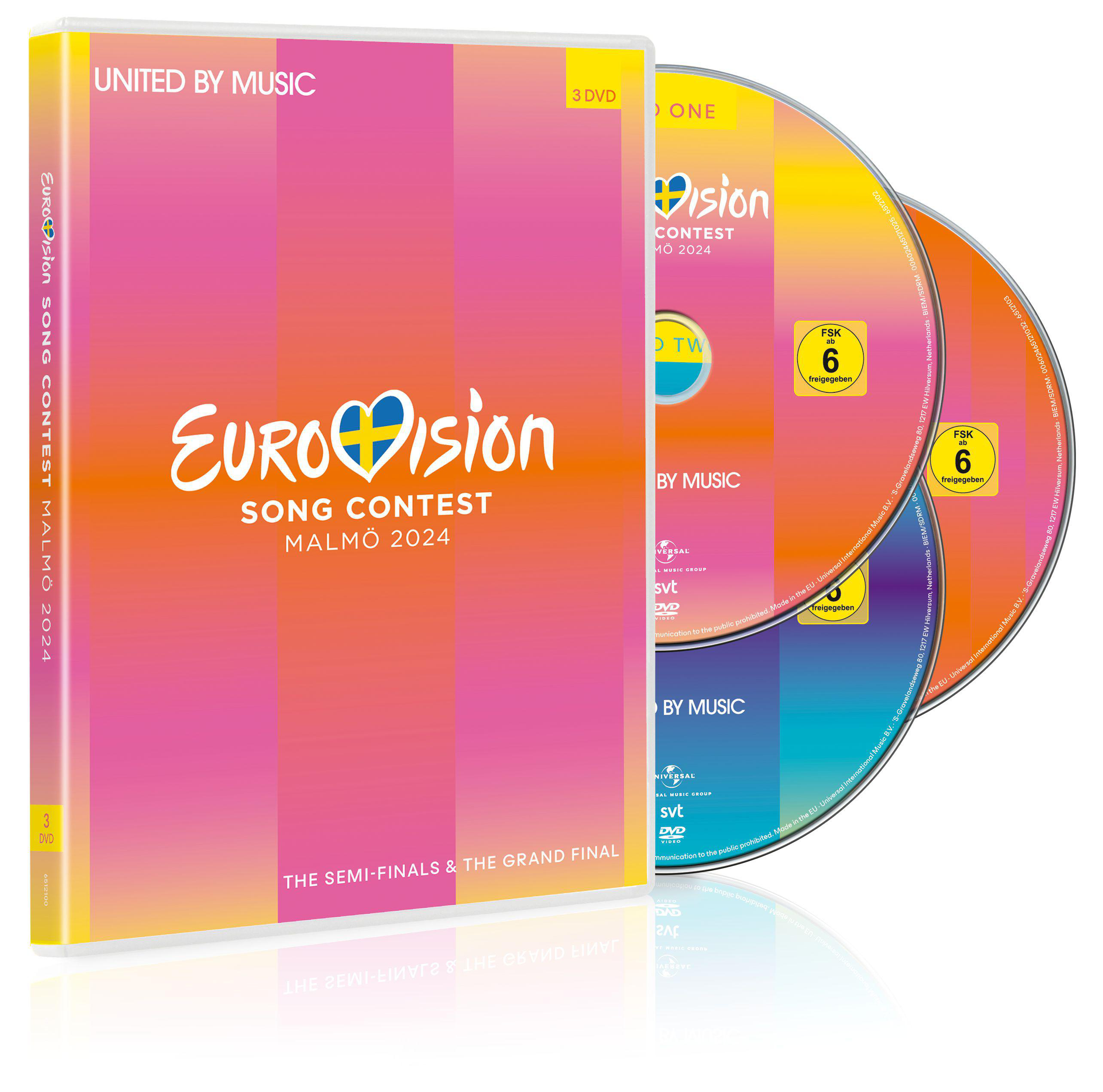 Eurovision Song Contest 2024 DVD-Box-Set mit drei Discs, mit Event-Branding.