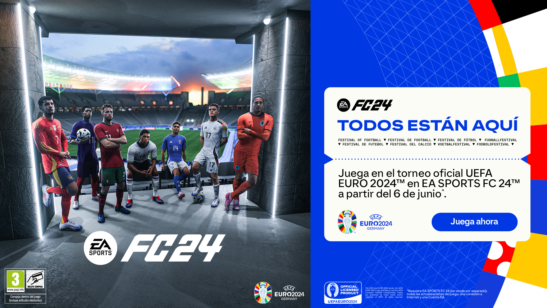 La carátula del juego FC24 presenta un equipo de fútbol y un texto promocional en español.