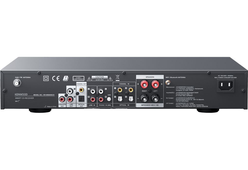 Rückansicht eines Kenwood Smart CD-Receivers mit verschiedenen Anschlüssen auf weißem Grund.