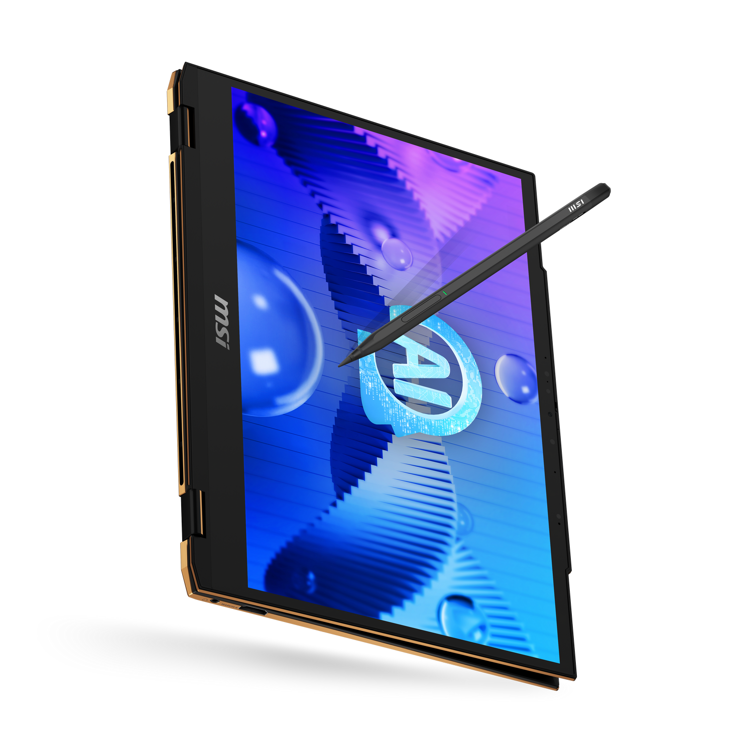 Un portátil dorado con un lápiz óptico apuntando a la pantalla con el texto 'AI'.
