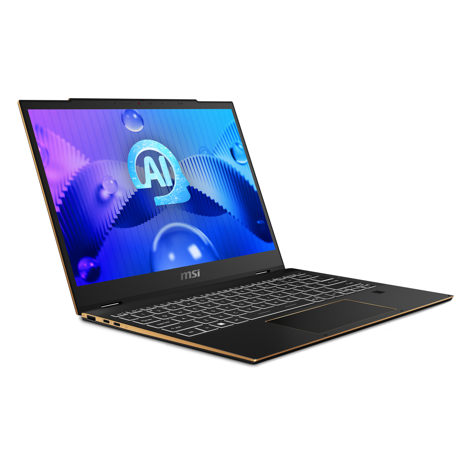 Portátil MSI con marco dorado, teclado negro y una pantalla que muestra un logotipo de IA.
