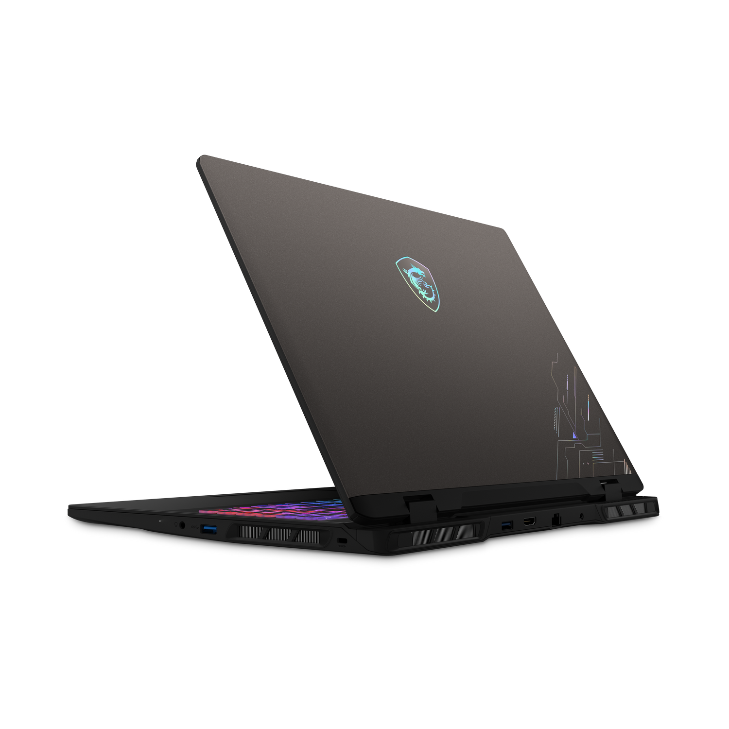 Portátil MSI, vista trasera, abierto, mostrando el teclado y la parte superior con el logotipo.