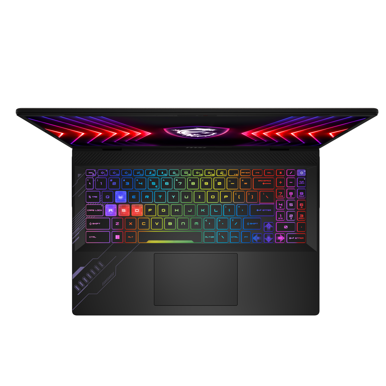 Laptop con teclado retroiluminado colorido desde una vista superior.