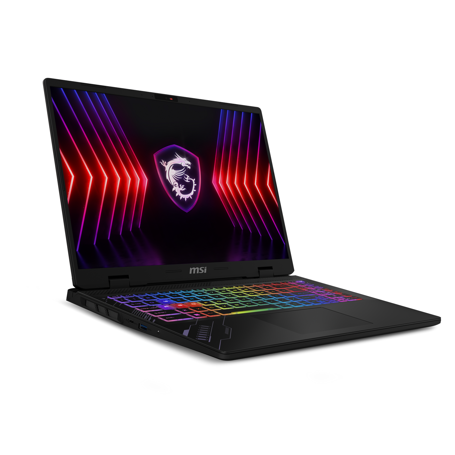 Portátil gaming MSI con teclado y pantalla iluminados, fondo negro.