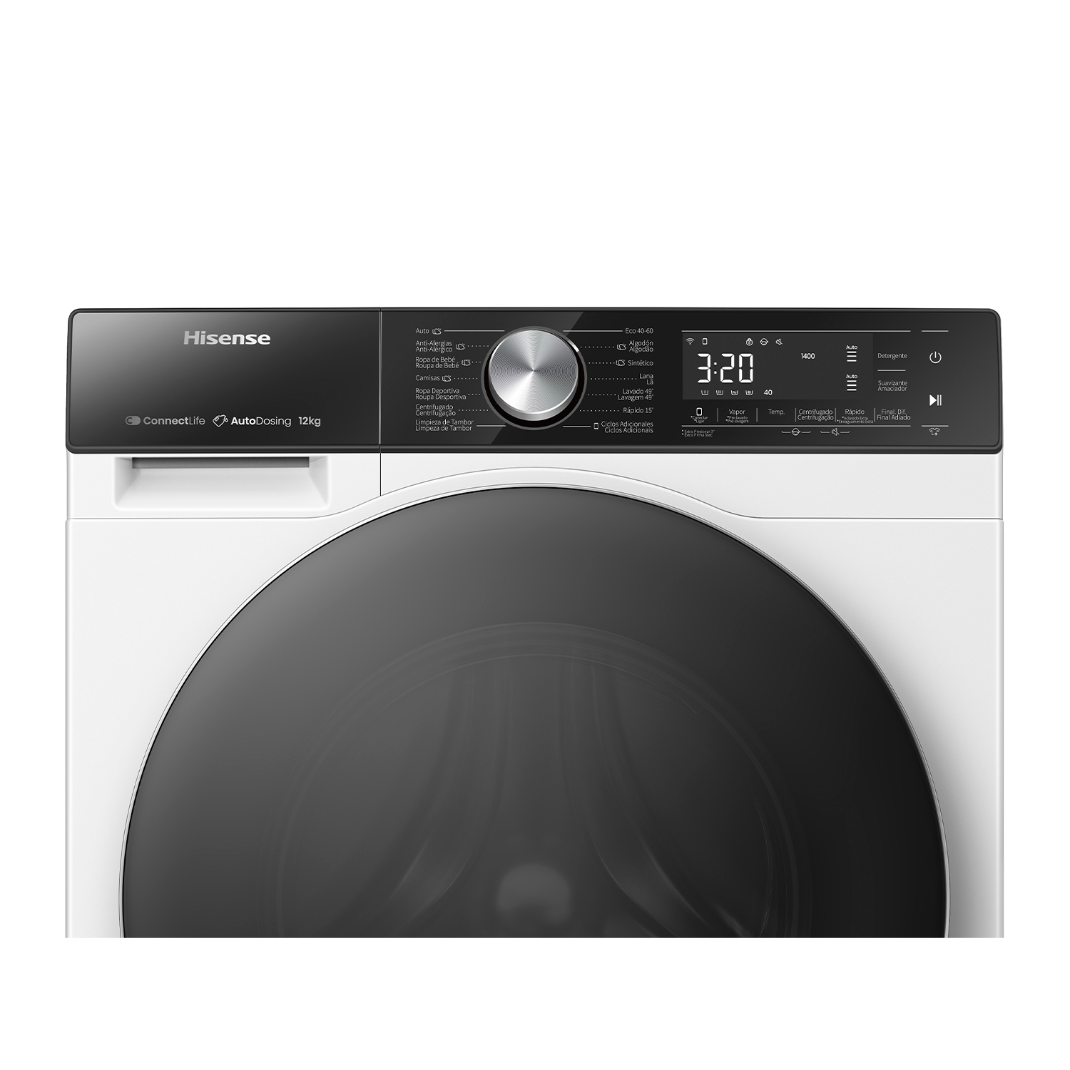 La parte superior de una lavadora blanca. El panel de control muestra una pantalla y botones.