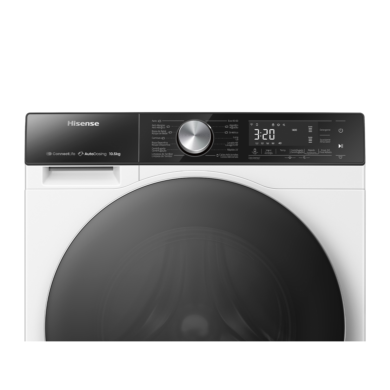 Una lavadora blanca con puerta y panel de control negros. La pantalla muestra 3:20.