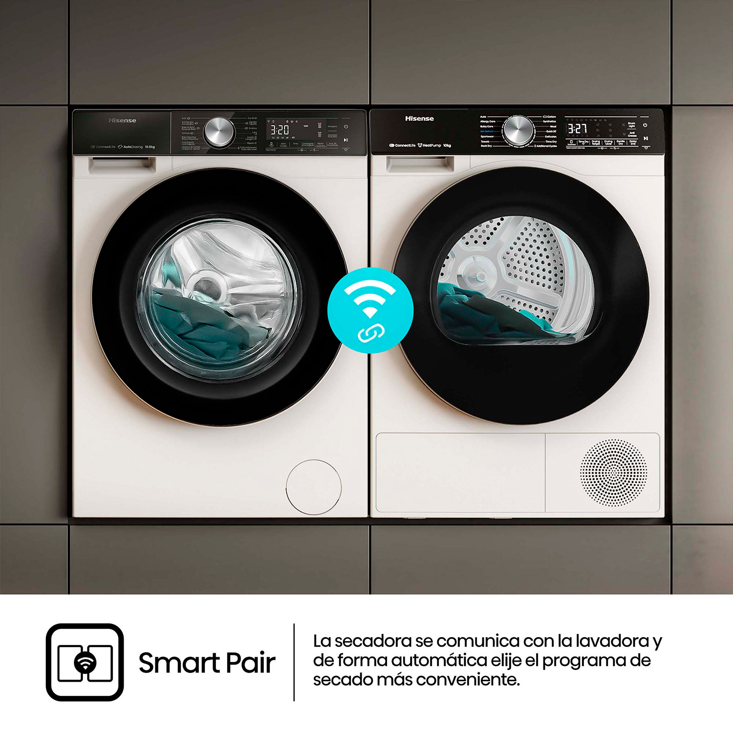 Dos lavadoras Hisense blancas, una lavando, otra secando; icono Smart Pair.