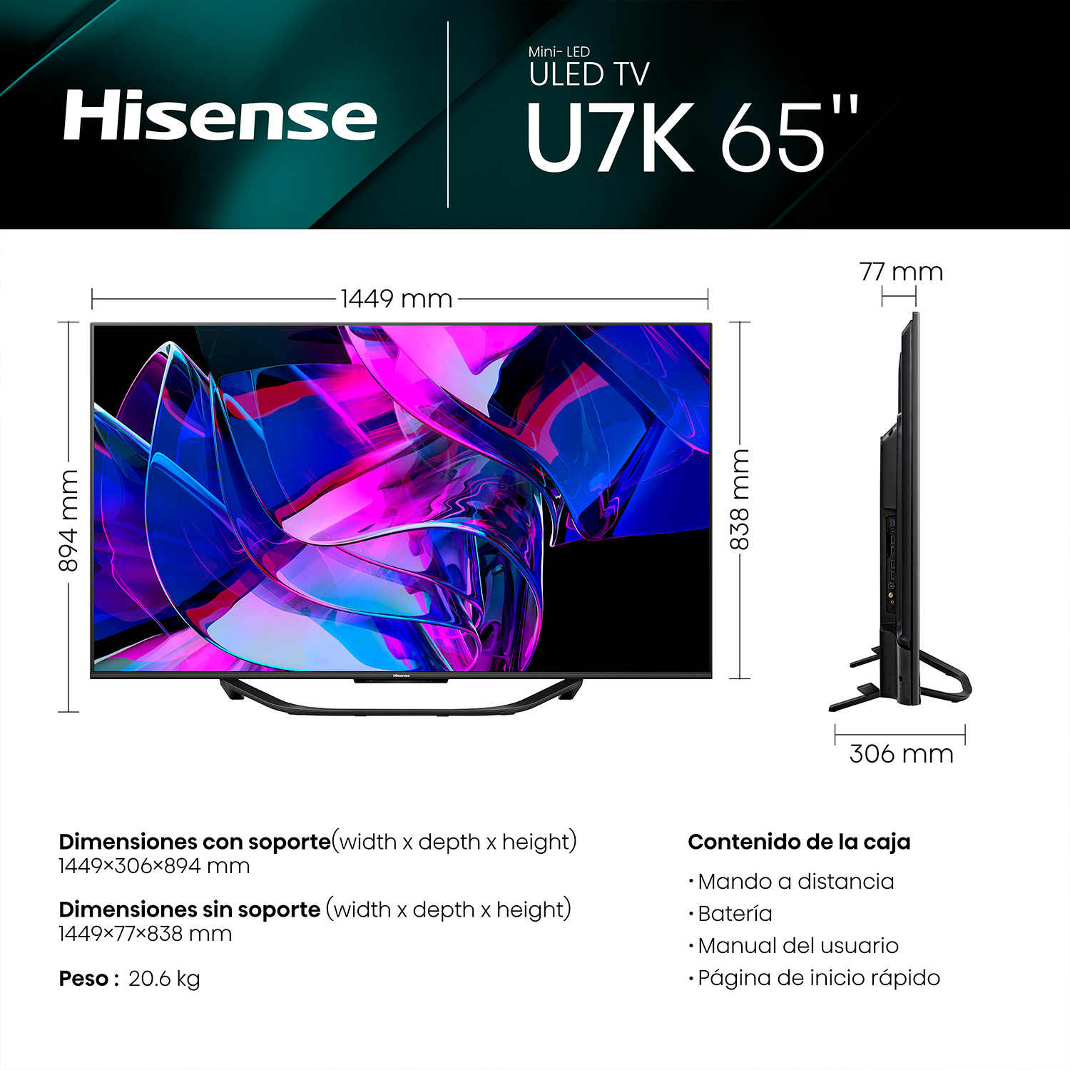 Pantalla de TV grande con dimensiones y detalles técnicos.