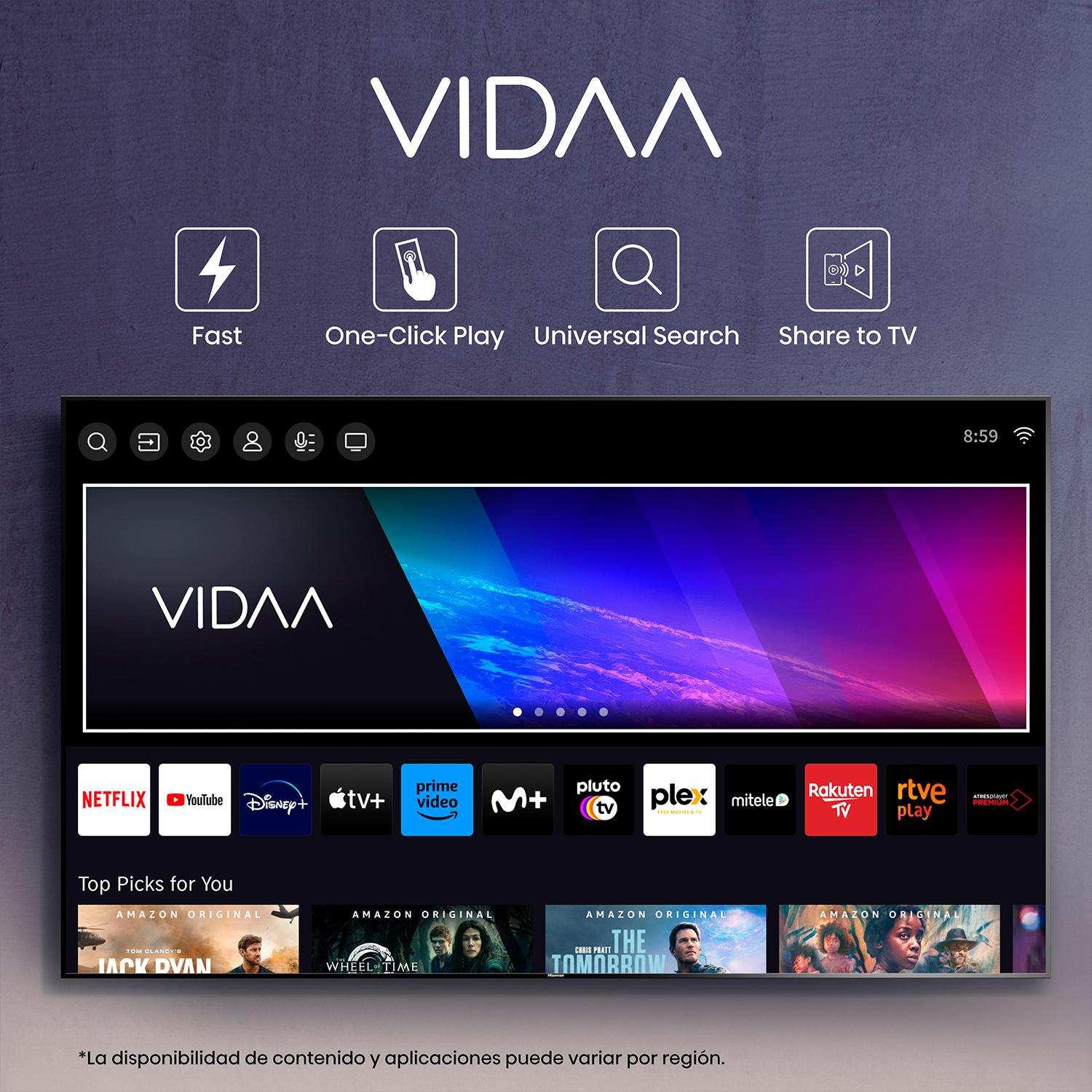 Pantalla de TV con el logotipo de VIDAA, opciones de navegación e iconos de aplicaciones de transmisión.