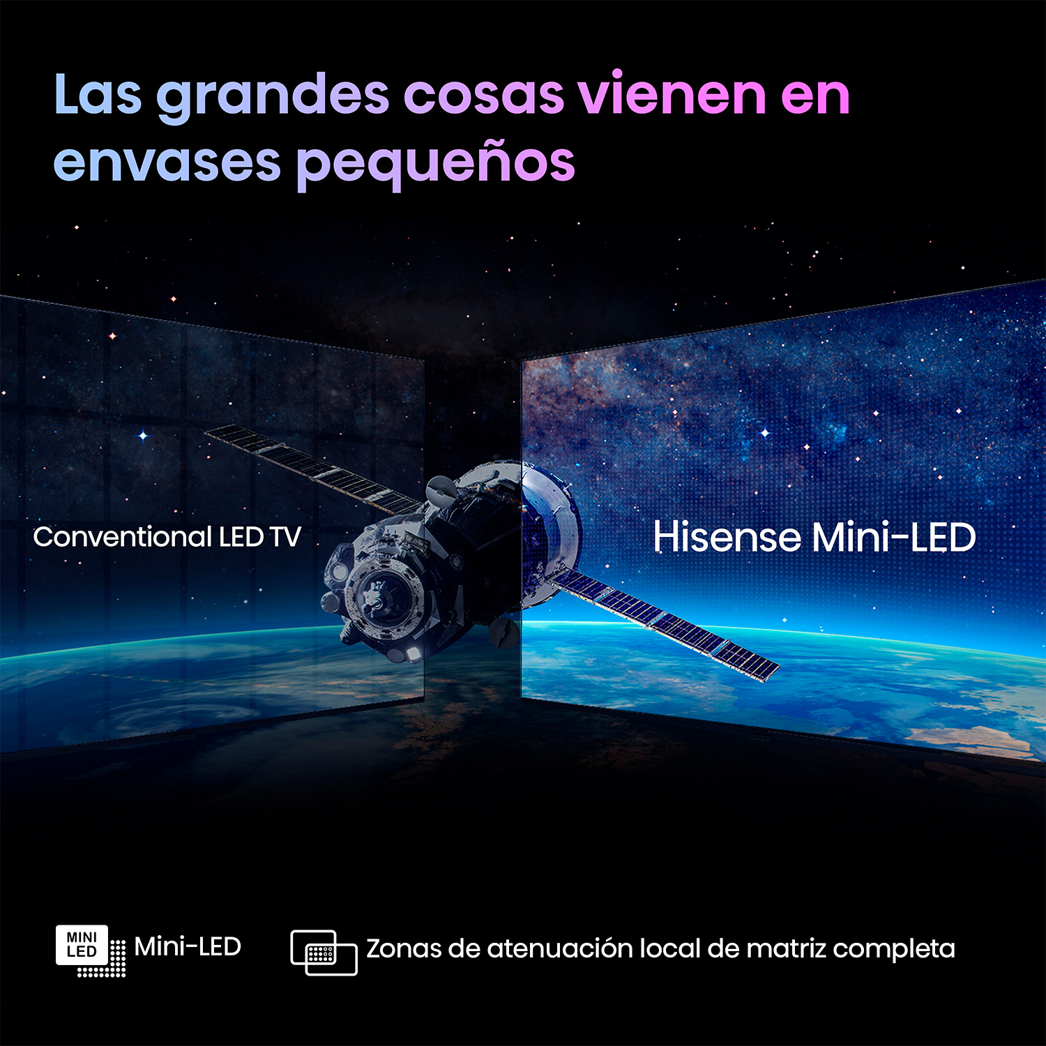 Satélite y texto sobre un fondo de espacio y tierra. Se muestra diferente tecnología de TV.