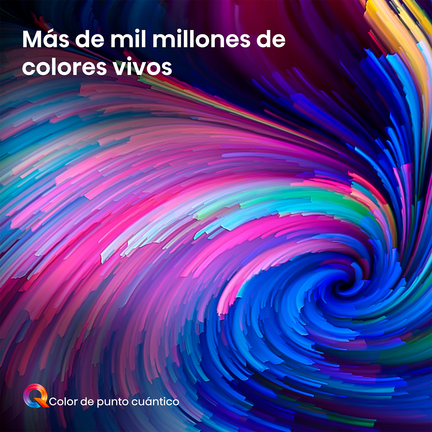 Remolino abstracto de colores vibrantes, con texto en español y un logotipo.