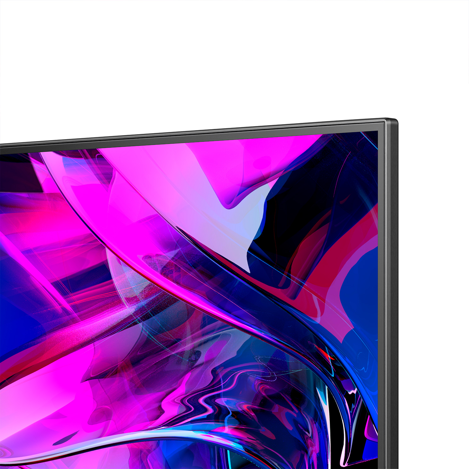 Primer plano de una pantalla de TV que muestra arte abstracto vibrante en morado y rosa.