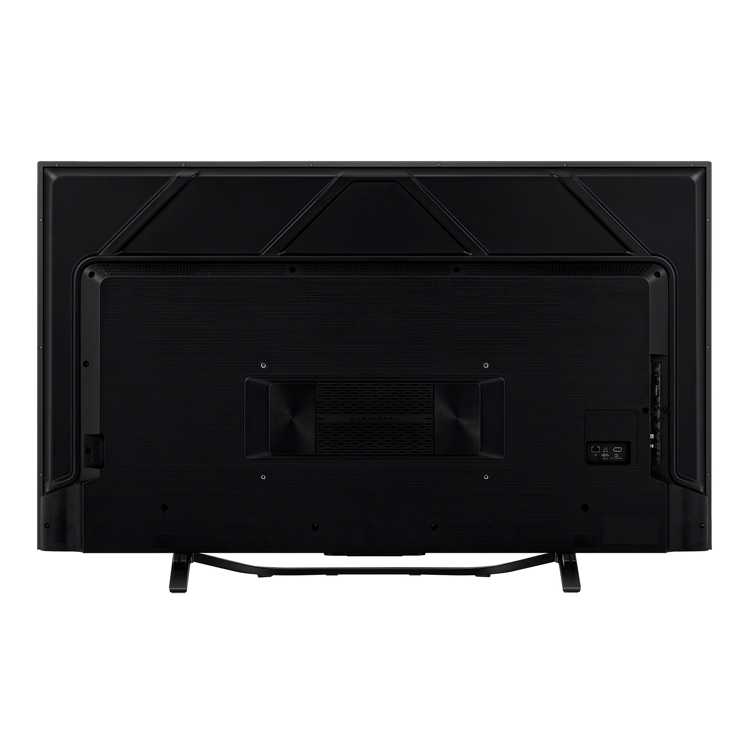 Parte trasera de un televisor negro que muestra puertos y conexiones, con patas de soporte.