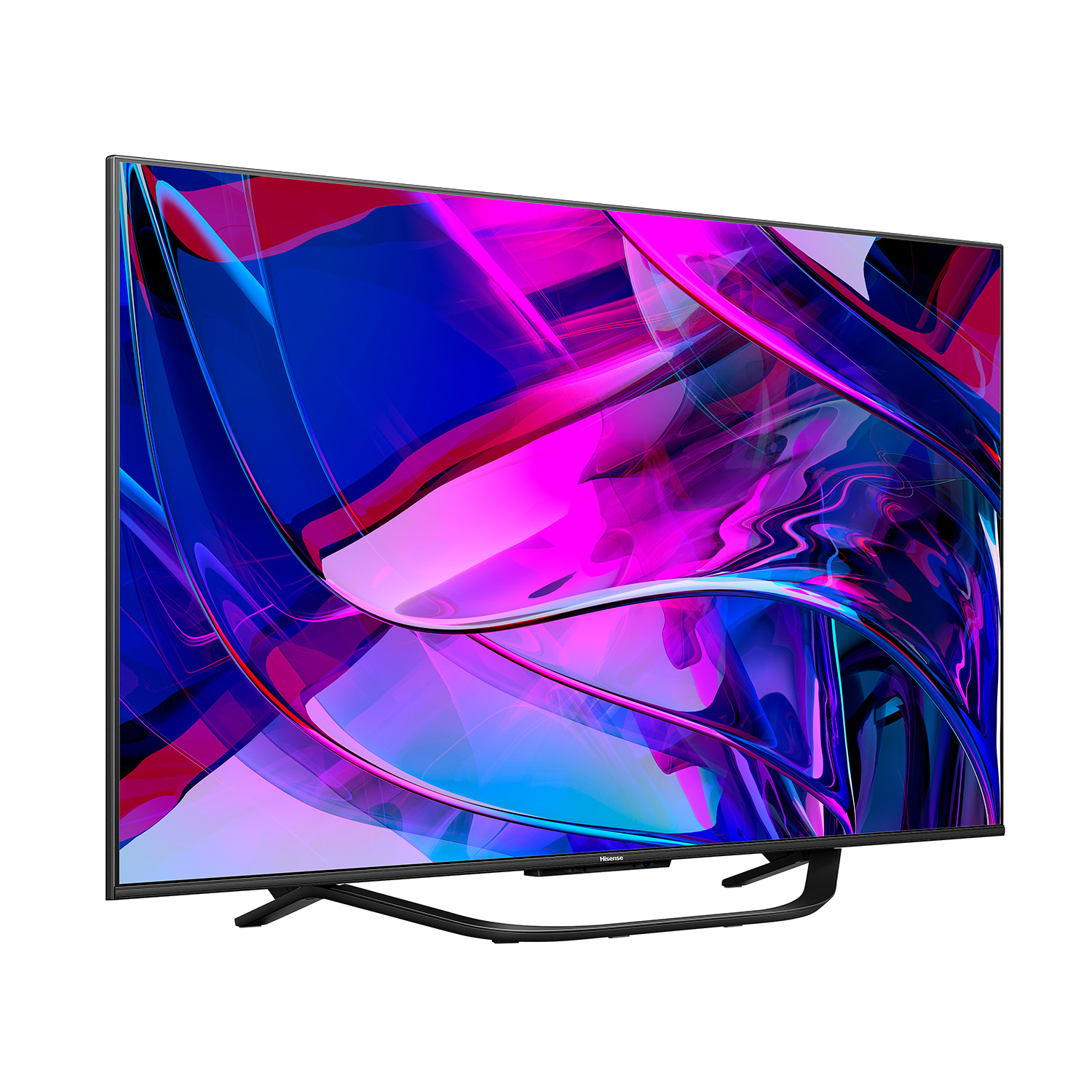 Un televisor grande que muestra un patrón abstracto colorido. Tiene un marco negro y un soporte.
