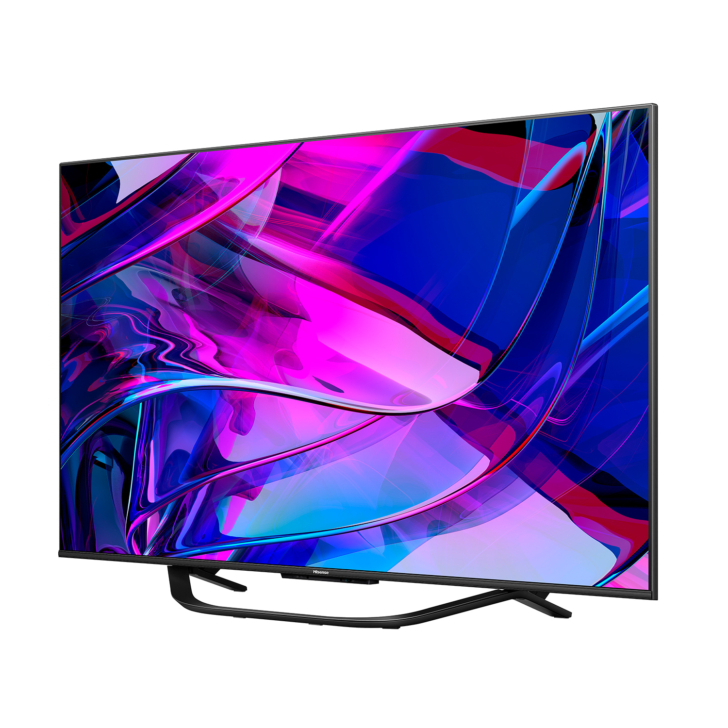 Televisor de pantalla plana grande con una exhibición de arte abstracto dinámico. Marco negro.