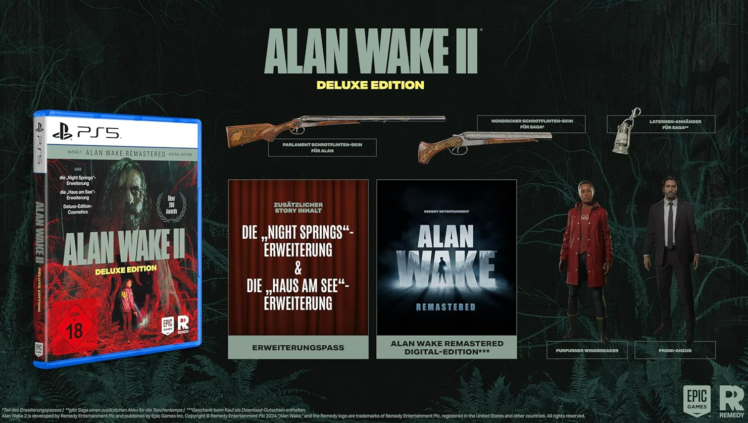 Alan Wake II Deluxe Edition Spielbox und Extras. Enthält Spiel-Disc, Waffen und Charaktermodelle.