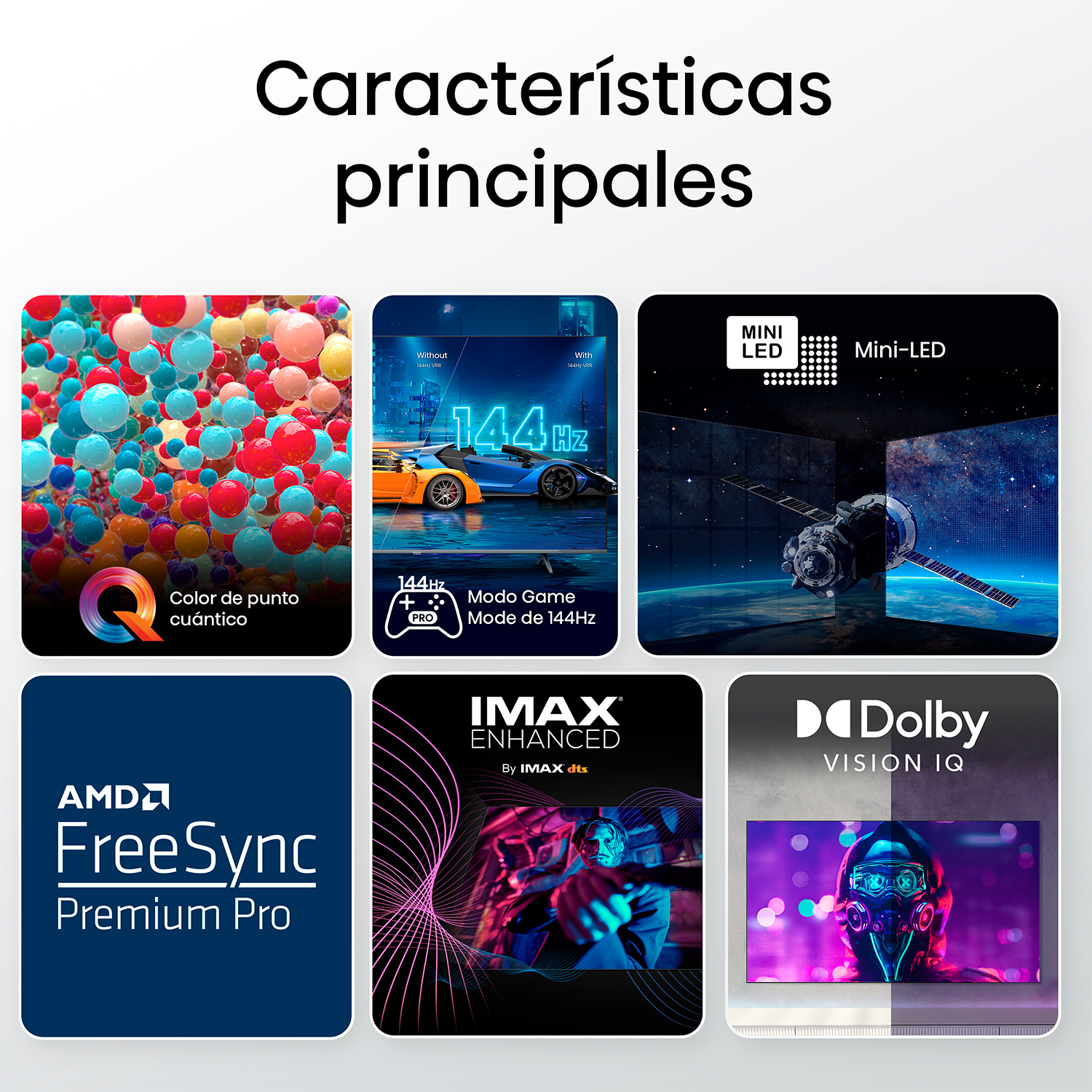 Características del televisor, incluyendo color quantum dot, 144Hz, modo juego, mini-LED y Dolby Vision.