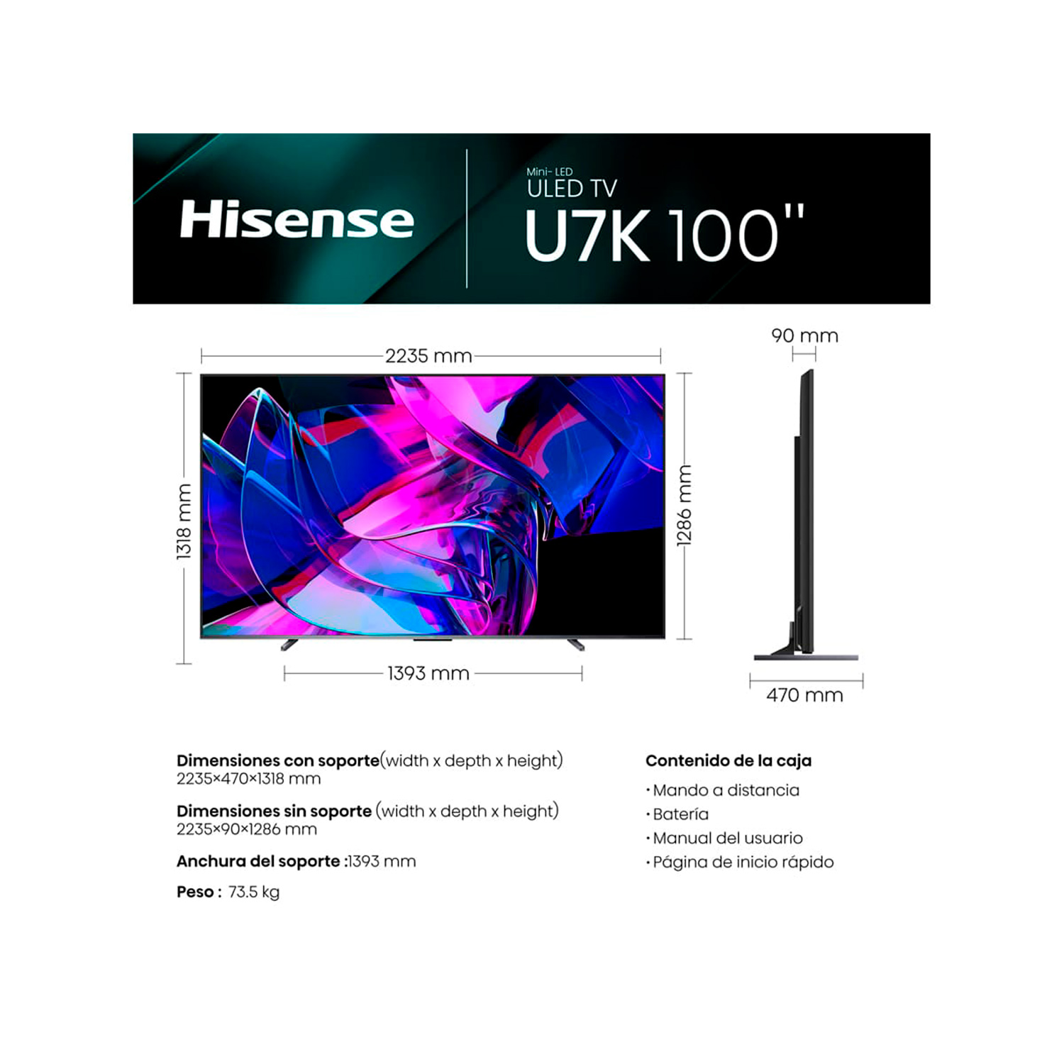 Un gran televisor Hisense ULED con dimensiones y especificaciones.