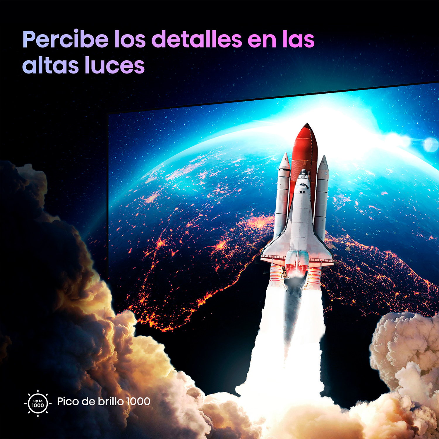 Lanzamiento de transbordador espacial sobre una ciudad de noche, texto sobre brillo y luces.