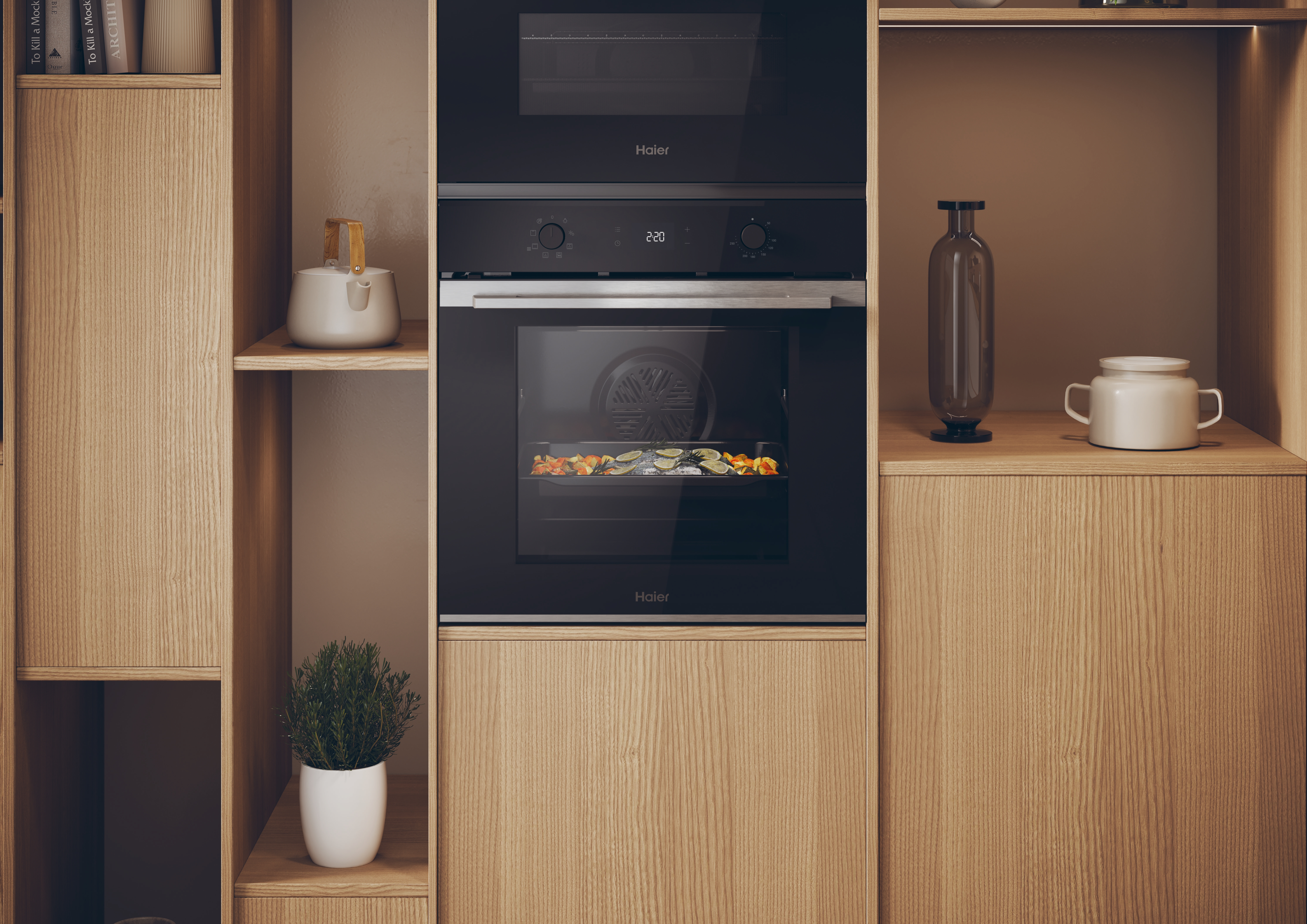 Mueble de cocina con horno Haier empotrado, microondas y elementos decorativos en estantes.