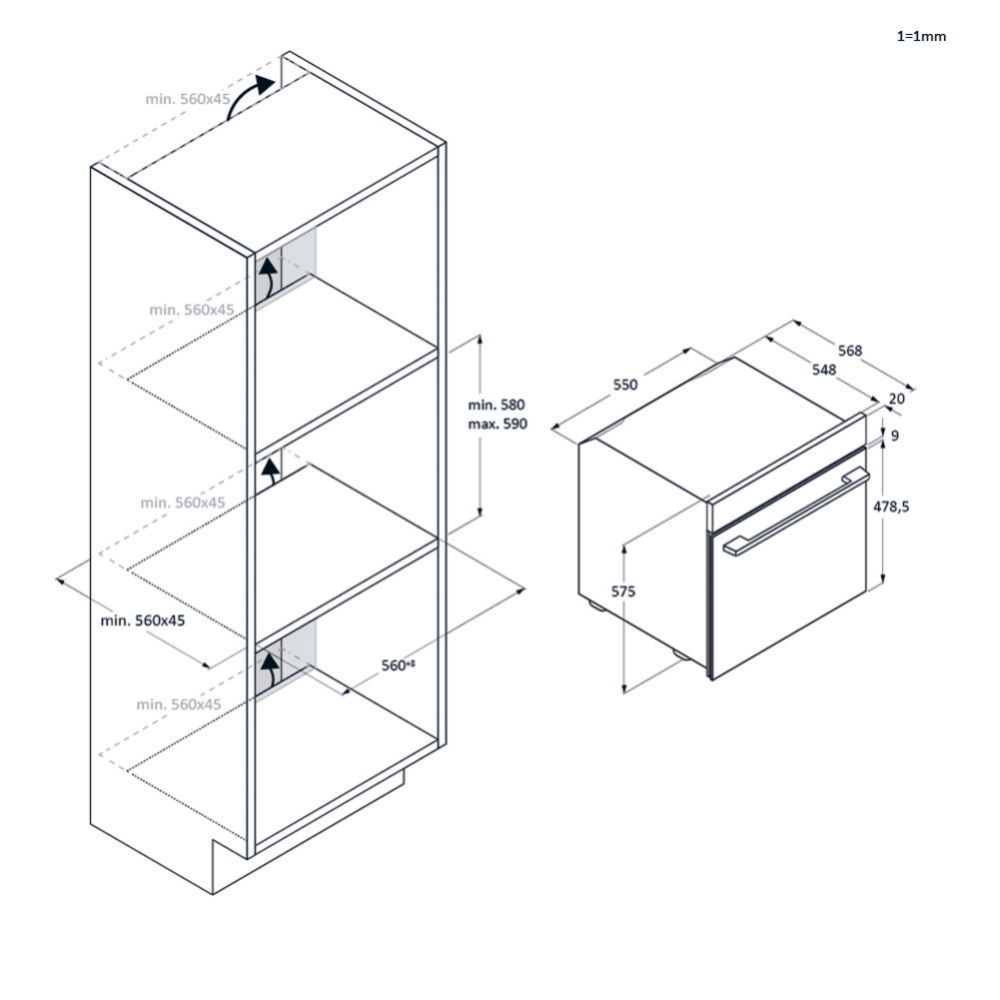 Dibujo técnico con dimensiones de un mueble de cocina y un electrodoméstico empotrado. Se ven líneas y medidas.