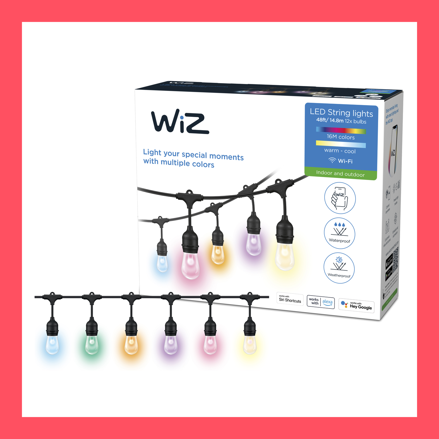 A box of Wiz LED string lights with multiple colored bulbs, for indoor and outdoor use.