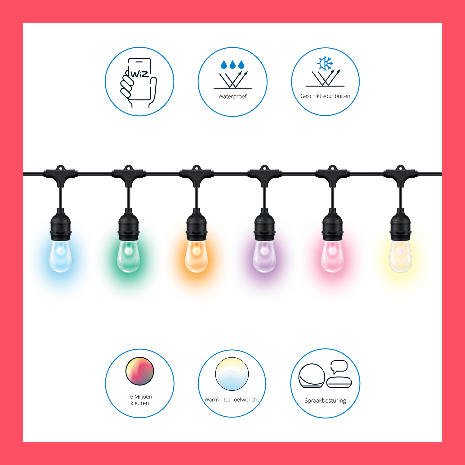 String lights with colorful bulbs, various colors, and control icons.